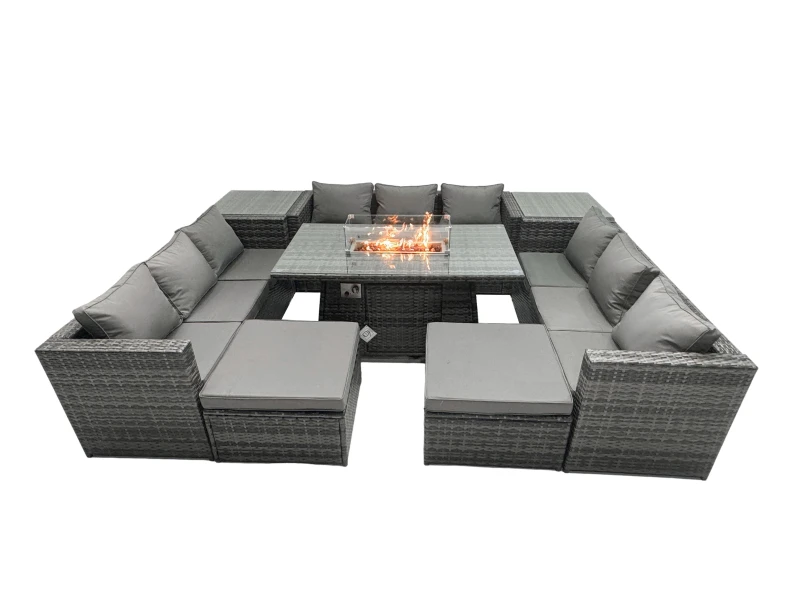 Image of Fimous Rattan Garden Furniture Firepit Dining Set Outdoor 10 Seater Patio with Glass Top Dining Table 2 Side Tables Dark Grey