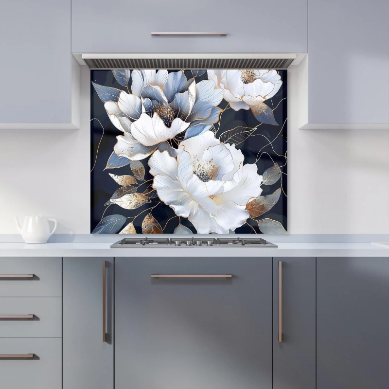 Image of Warren Reed - Designer Elegant Floral Symphony in Blue & Gold Kitchen Splashback in Black Size: 700mm x 750mm Black Unisex 700mm x 750mm