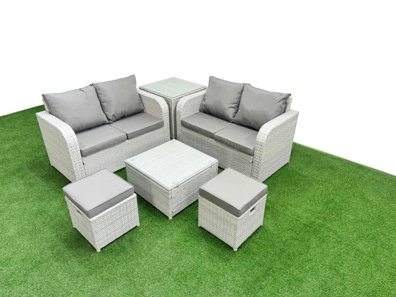 Image of Fimous 6 Seater Outdoor Love Sofa Set Rattan Garden Furniture Set with Square Coffee Table 2 Small Stools Side Table Light Grey Light Grey