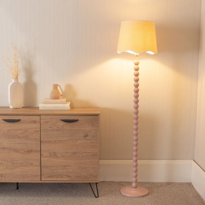 Image of ValueLights Bobbins Painted Rose Floor Lamp with Linen Scallop White Trim Shade Pale Pink