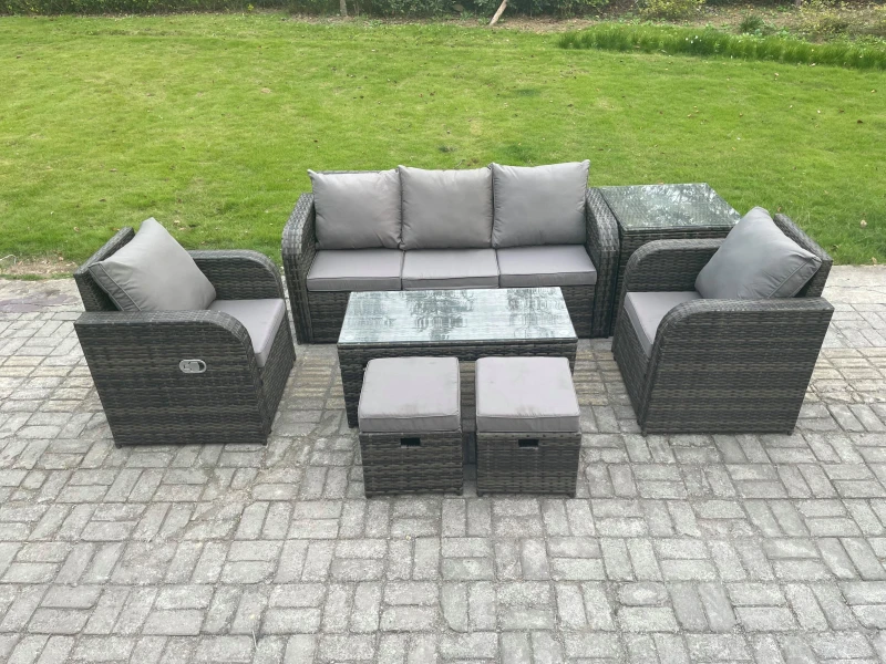 Image of Fimous 7 PC Rattan Garden Furniture Set with Rectangular Coffee Table Side Table 2 Small Footstools Patio Outdoor Rattan Set Dark Grey