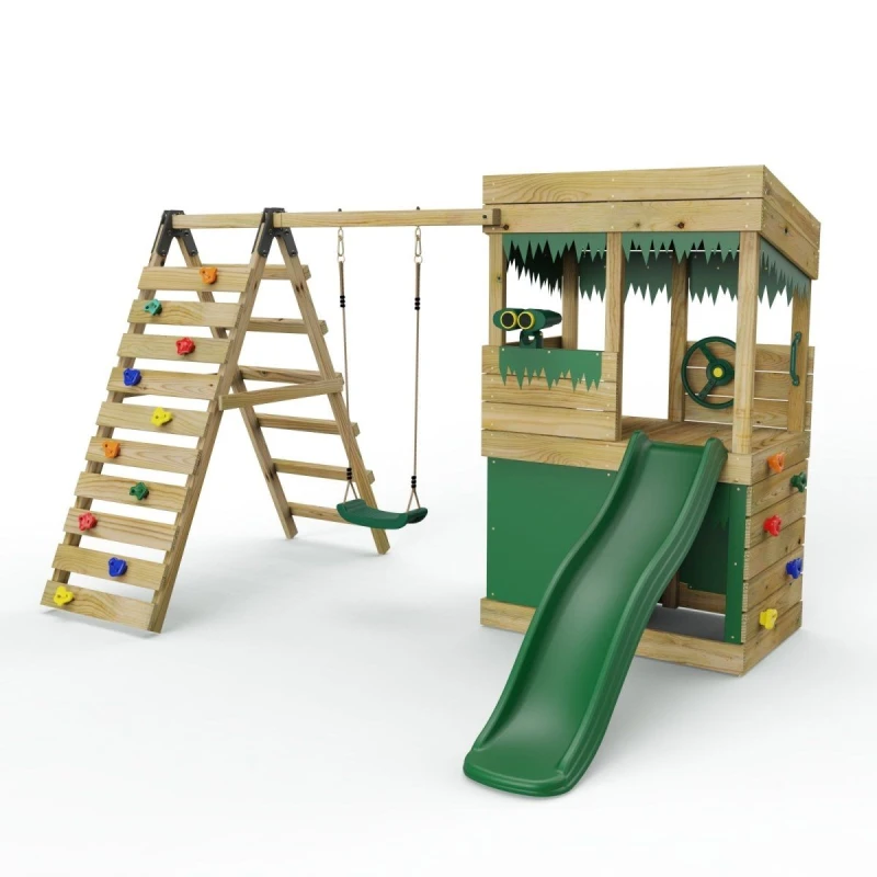 Image of OutdoorToys Lookout Tower Playhouse with Swing & Climbing Wall plus 6ft Slide - Ascent in Green Green Unisex