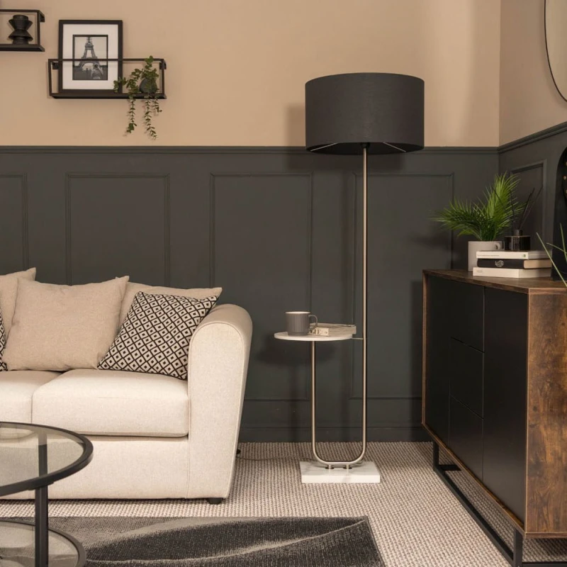 Image of ValueLights Tavel Brushed Chrome Marble Base Floor Lamp With Table And Large Charcoal Grey Shade Silver