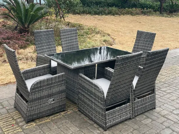 Image of Fimous 6 Seater Outdoor Dark Grey PE Rattan Lounge Complete Dining Set with Adjustable Chair