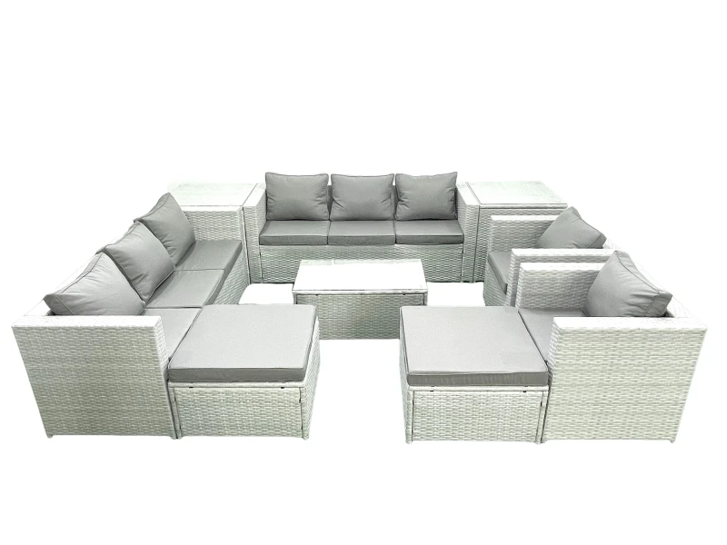 Image of Fimous Outdoor Rattan Sofa Garden Furniture Set with 2 Armchairs Oblong Coffee Table 2 Big Footstools 2 Side Tables Light Grey Mixed Light Grey