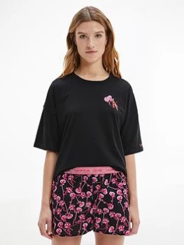 Image of Calvin Klein Rose Print Short Set - Black, Size S, Women