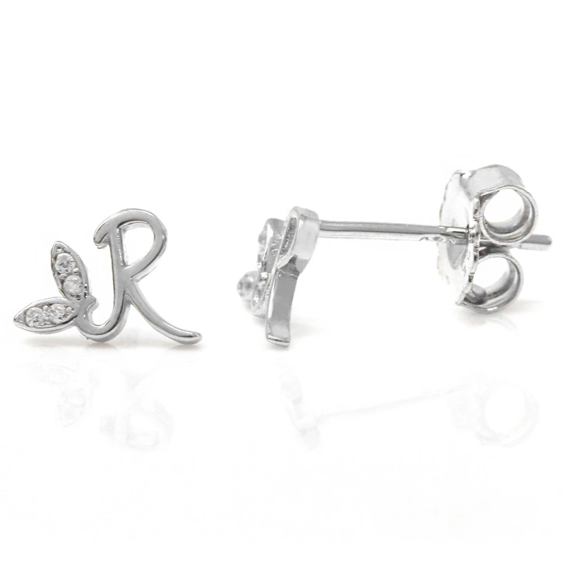 Image of Say It With Winged Initial Earring Pair - Sterling Silver - R Silver Unisex One Size