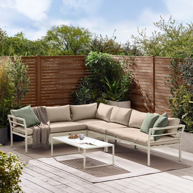 Image of FurnitureboxUK FurnitureboxUK Montenegro White Metal 6 Seat Outdoor Garden Sofa Set, Taupe Cushions, 6 seat corner sofa + metal coffee table White One