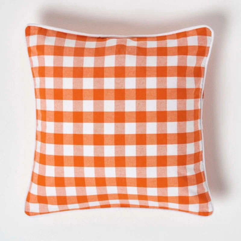 Image of Homescapes Orange Block Check Cotton Gingham Cushion Cover, 45 X 45 Cm