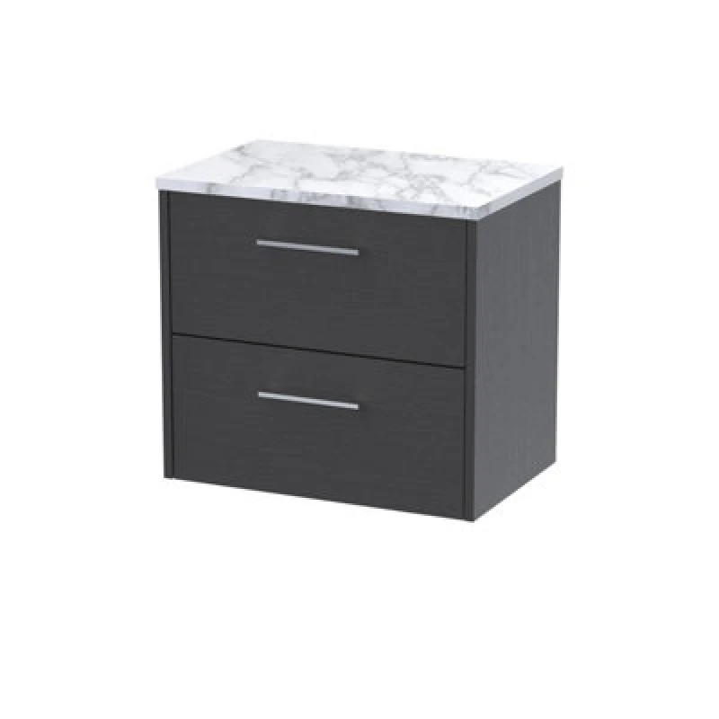 Image of Nuie Hudson Reed Juno Wall Hung 2-Drawer Vanity Unit & Worktop, Stylish Countertop Basin Unit In Graphite Grey Woodgrain, 600mm