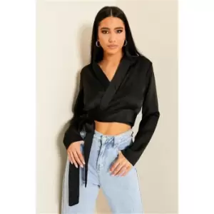 Image of I Saw It First Black Satin Long Sleeve Tie Side Wrap Blouse - Black