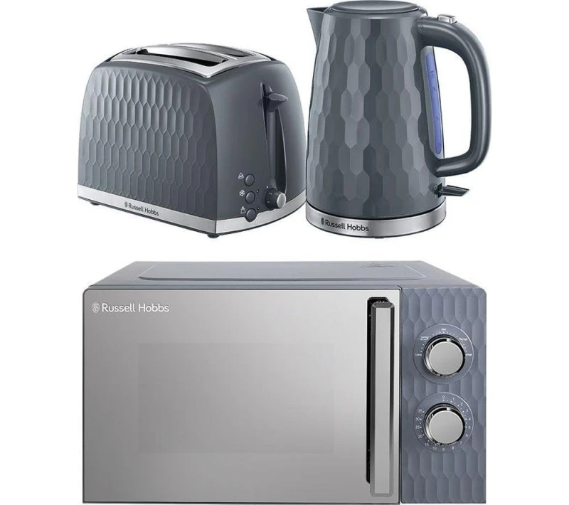 Image of Russell Hobbs Honeycomb Solo Microwave, Jug Kettle & 2-Slice Toaster Bundle - Grey, Silver/Grey 5056233840505