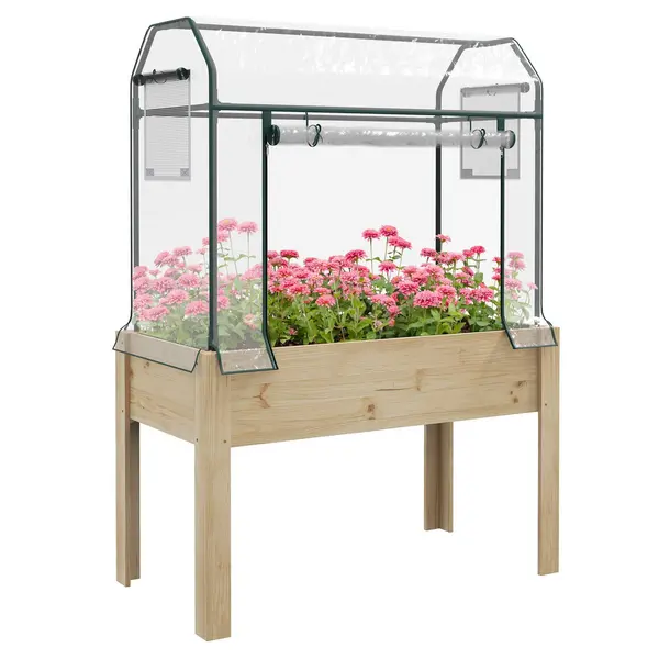 Image of Outsunny Wooden Raised Planter w/Greenhouse Cover, Bed Liner