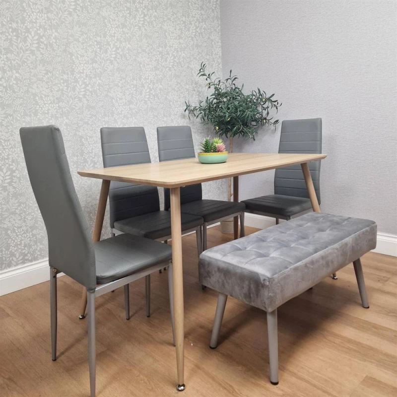 Image of KOSY KOALA Wooden Dining Table Set With 4 Grey Metal Chairs & 1 Matching Bench in Brown Brown Unisex