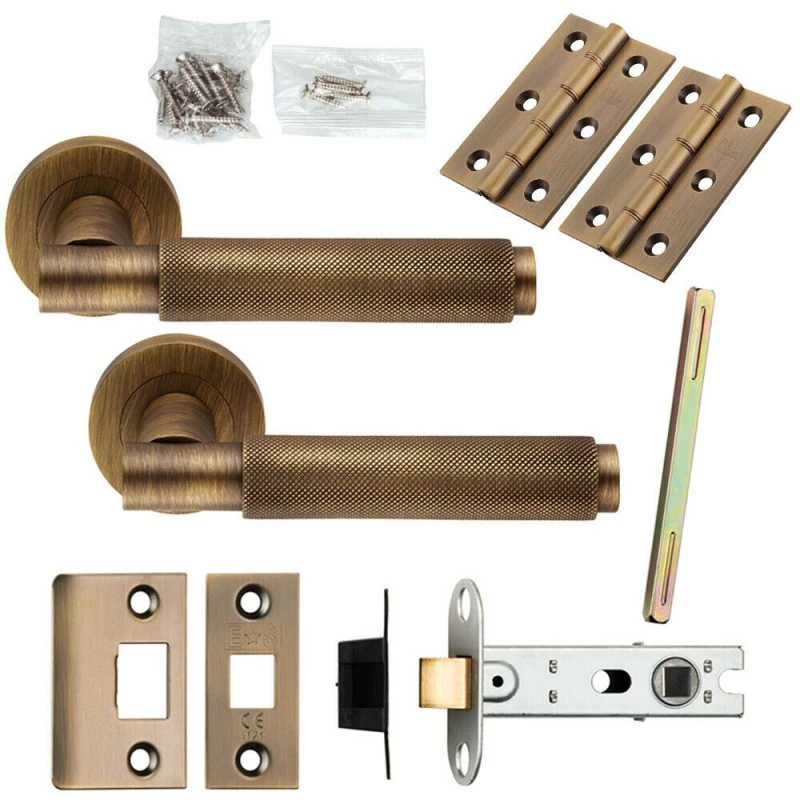 Image of Loops Door Handle & Latch Pack Antique Brass Knurled Round Bar Screwless Round Rose Metallics