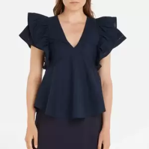 Image of Tommy Hilfiger Co Sateen Frill Sleeveless Cotton Blouse - IT 40/UK 12