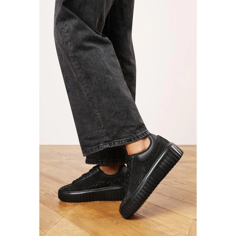 Image of Wheres That From Lace Up Trainer with Diamante pattern and chunky sole Black female 5 (38)