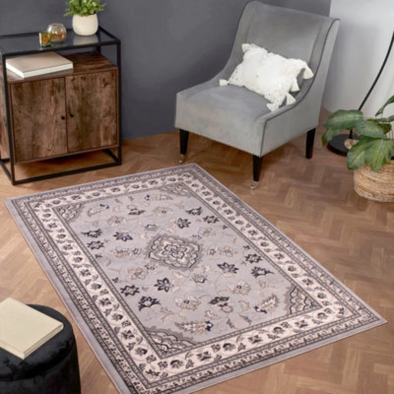 Image of Grey Traditional Bordered Floral Rug Easy To Clean Dining Room-200Cm X 290Cm