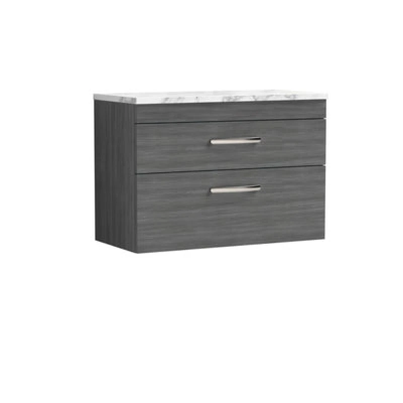 Image of NUIE Nuie - Athena Wall Hung 2-Drawer Vanity Unit with Carrera Marble Worktop 800mm Wide - Anthracite Woodgrain ATH067LCM