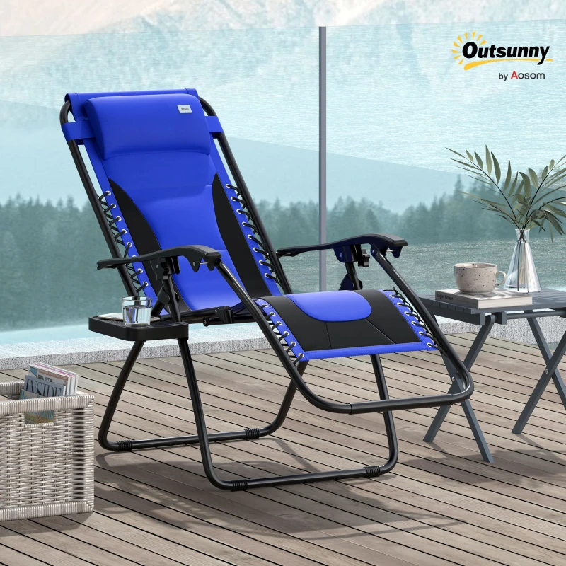 Image of Outsunny Zero Gravity Lounger Folding Recliner Chair w/ Cup Holder Blue Blue