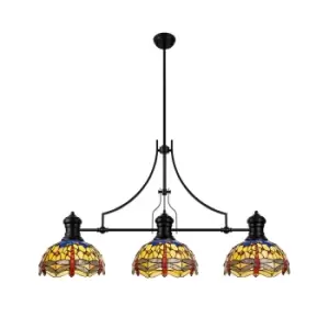 Image of Worcester, 3 Light Linear Ceiling Pendant E27 With 30cm Tiffany Shade, Matt Black, Blue, Orange, Crystal