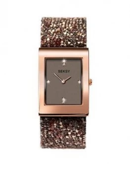 Image of Seksy Seksy Rocks Grey And Rose Gold Crystal Set Rectangular Dial Caramel Rocks Strap Ladies Watch