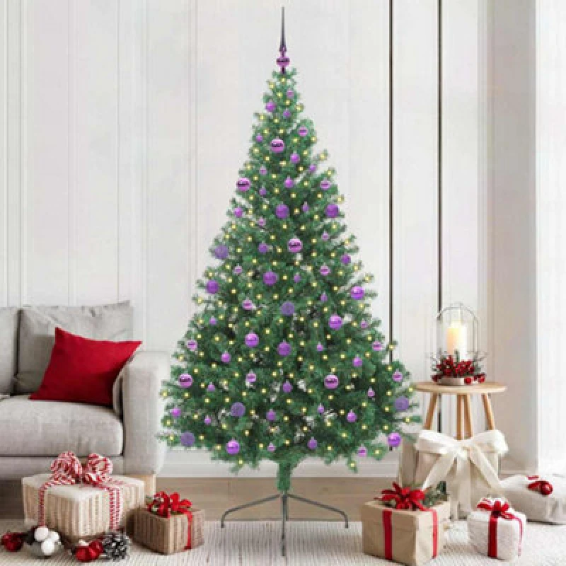 Image of vidaXL Artificial Pre-lit Christmas Tree with Lilac Balls Green 210cm PVC, Green 3397030