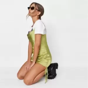 Image of Missguided Satin Cowl Neck Ruched Mini Dress - Green