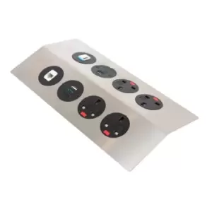 Image of Tholus in-table power module 4 x UK sockets and 2 x TUF (A&C connectors) USB charger and 1 x RJ45 socket and 1 x HDMI socket - brushed steel/black