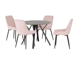 Image of Seconique Athens Concrete Effect Round Dining Table with 4 Avery Pink Velvet Chairs