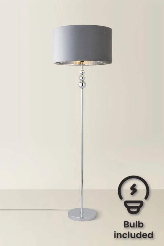Image of ValueLights ValueLights Marissa Chrome Stacked Ball Floor Lamp with Grey Velvet with Chrome Shade & Bulb Grey One Size Unisex 5059406060090