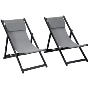 Image of Outsunny Set of 2 Folding Garden Beach Aluminium Frame Deck Chairs Deckchairs Seaside Folding Garden Patio Lounger, Grey