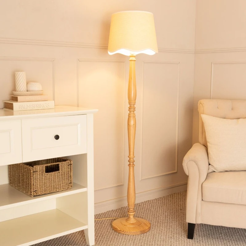 Image of ValueLights Victoria Light Wood Candlestick Floor Lamp with Linen Scallop Trim Tapered Shade White