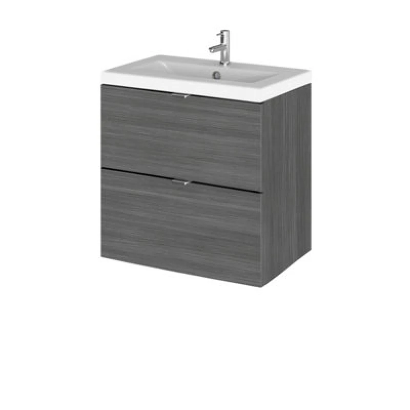 Image of Hudson Reed Fusion Wall Hung 2 Drawer Vanity Unit & Ceramic Basin, Sink Vanity Unit, Anthracite Woodgrain, 500mm