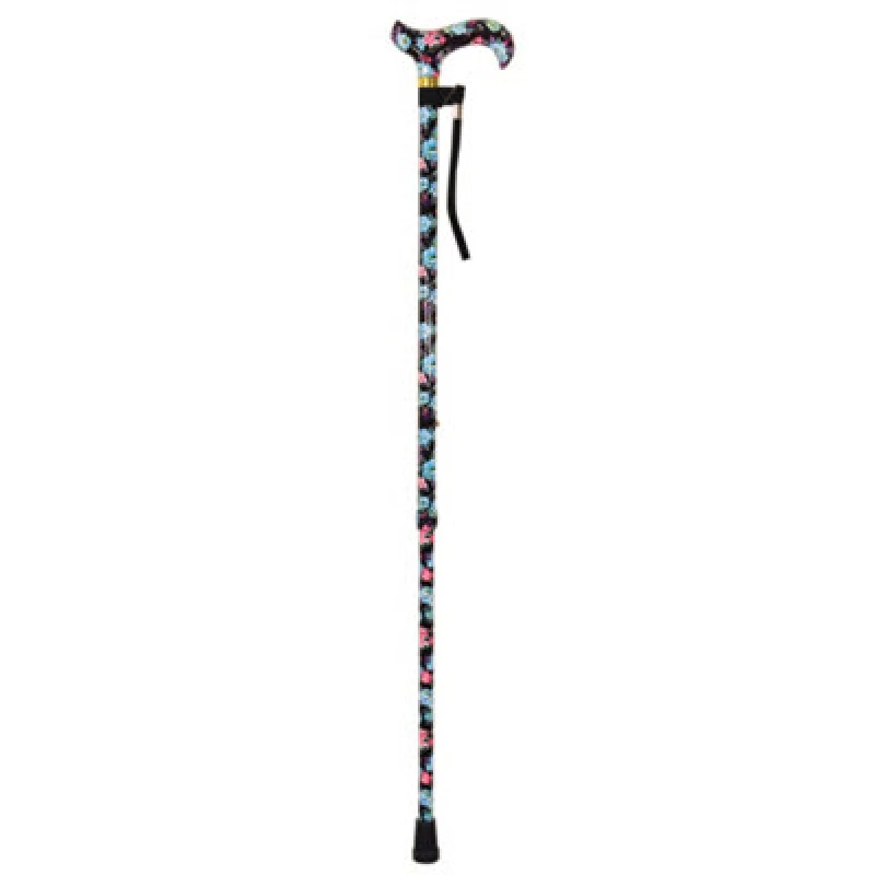 Image of Loops Deluxe Ambidextrous Walking Cane - 10 Height Settings - Black Floral Pattern Black