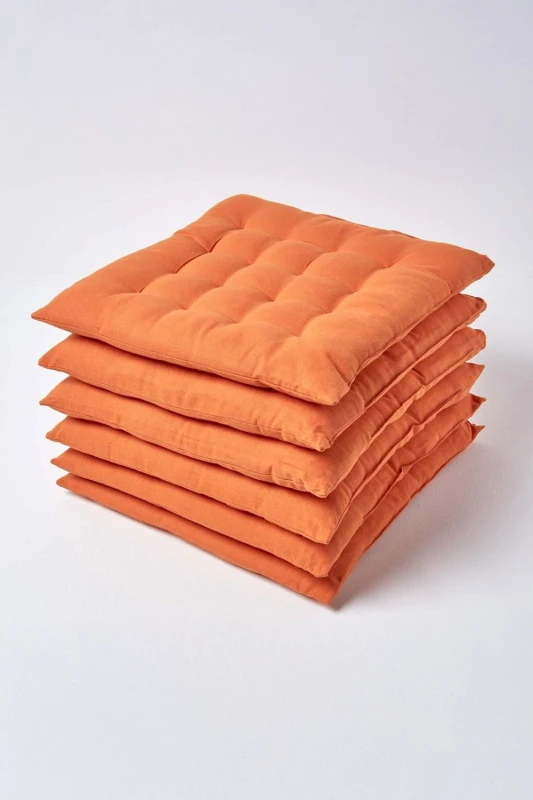 Image of Homescapes Plain Seat Pad with Button Straps, 40 x 40cm, Set of 6 Burnt Orange
