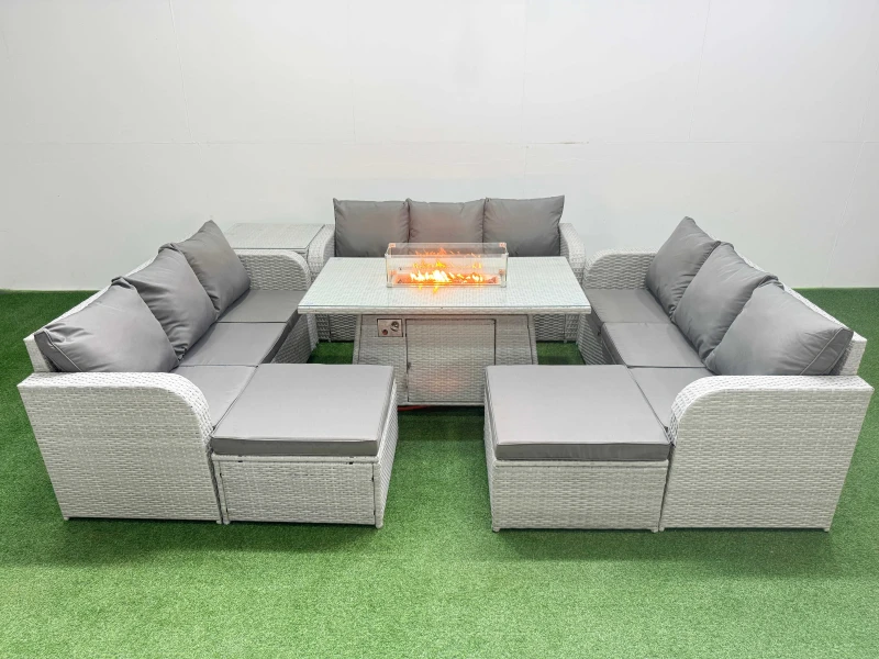 Image of Fimous PE Rattan Lounge Sofa Set 11 Seater Outdoor Garden Furniture Set with Firepit Dining Table 3 Seater Sofa 2 Big Footstools Side Table Light Grey