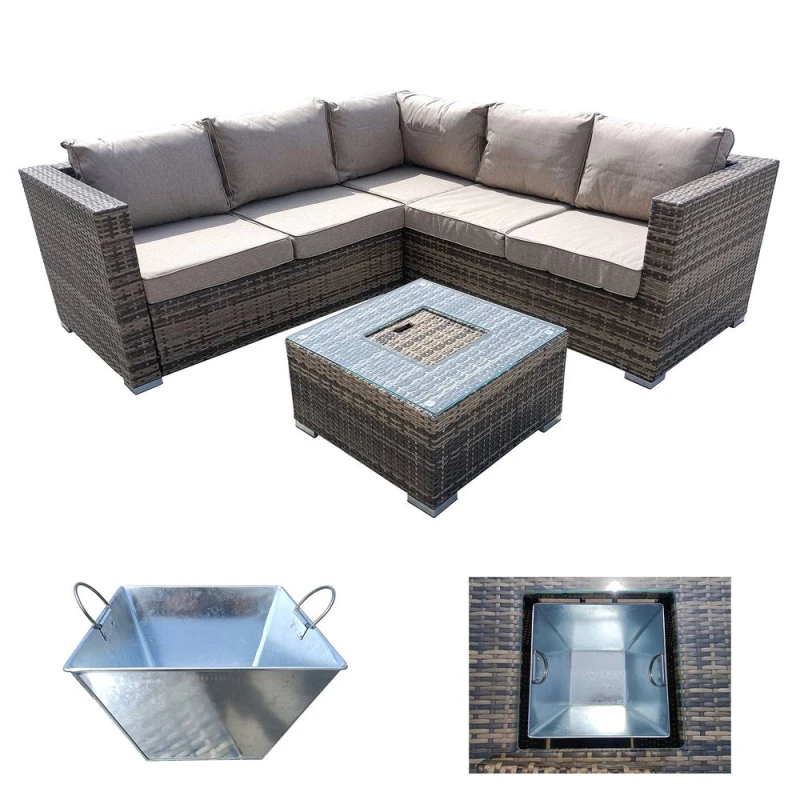 Image of FURNITURE ONE 5 Seater Rattan Patio Corner Sectional Sofa with Ice Bucket Coffee Table Brown