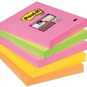 Image of Post it 76 x 76mm Super Sticky Notes Neon Rainbow Assorted Colours 5 x