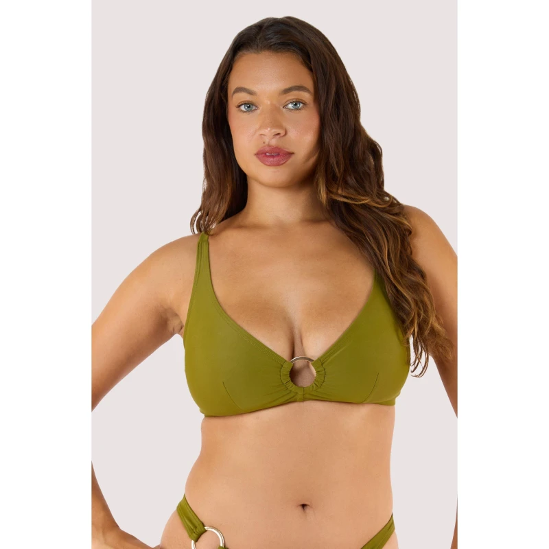 Image of Wolf and Whistle Kalahari Khaki High Shine Bikini Top with Gold Rin Khaki female 16D/DD
