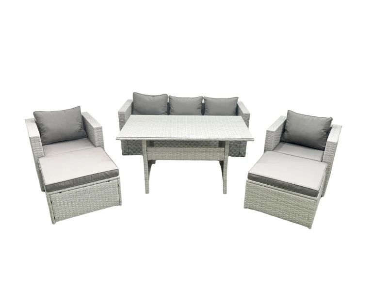 Image of Fimous Garden Dining Set Outdoor Rattan Furniture Set with Sofa Dining Table 2 Chairs 2 Big Footstools Light Grey Mixed Light Grey