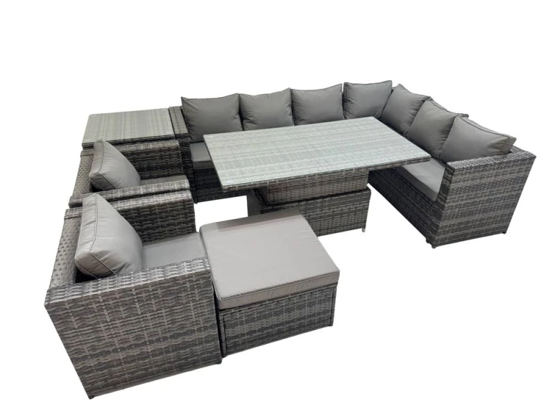 Image of Fimous 9 Seater Rattan Corner Sofa Sets with 2 Chairs Big Stool Side Table in Dark Grey Dark Grey Unisex