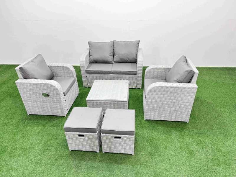 Image of Fimous Light Grey PE Wicker Rattan Garden Furniture Set Sofa Set Reclining Adjustable Chair Square Coffee Table 6 Seater 2 Small Stools Light Grey