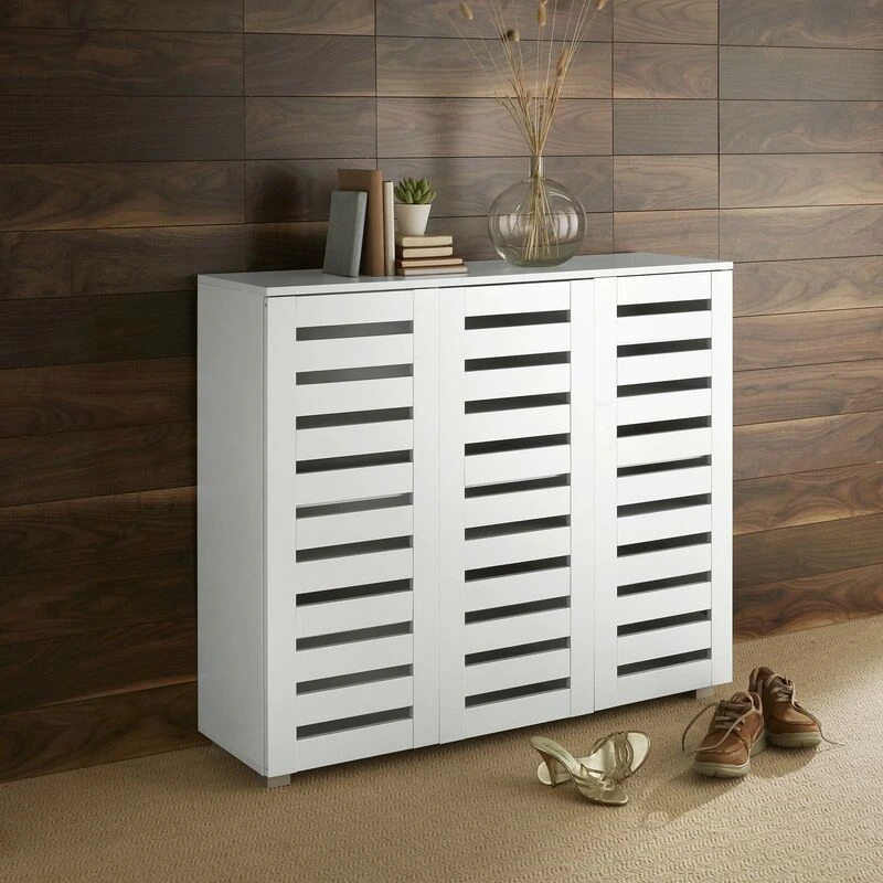 Image of HOME SOURCE Oslo 3 Door White Wooden Shoe Storage Cabinet Rack Stand Cupboard Slatted Doors SHOOSL3WT