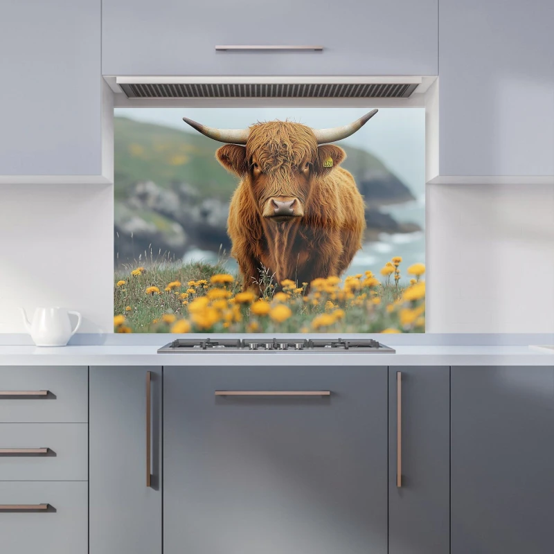 Image of Warren Reed - Designer Highland Cow By The Coast Kitchen Splashback in Brown Size: 900mm x 650mm Brown Unisex 900mm x 650mm