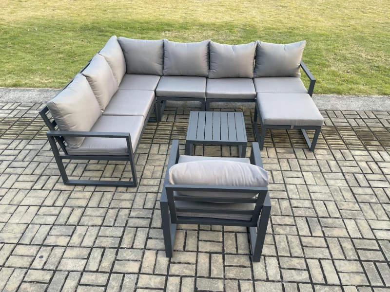 Image of Fimous 8 Seater Aluminium Garden Furniture Set Outdoor Lounge Corner Sofa Chair Square Coffee Table Sets with Big Footstool Dark Grey Dark Grey Unisex