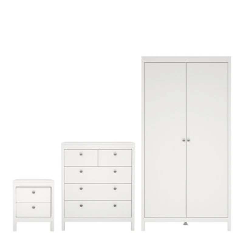 Image of Furniture To Go Madrid 3 Piece Bundle, Bedside, Chest And 2 Door Wardrobe In White
