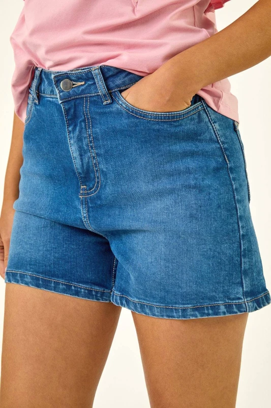 Image of Dusk Womens High Waisted Denim Stretch Shorts in Mid Blue Size: 8 Mid Blue Female 8