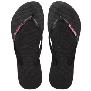 Image of Havaianas Womens Slim Logo Metallic Flip Flops Black/Pink 35/36