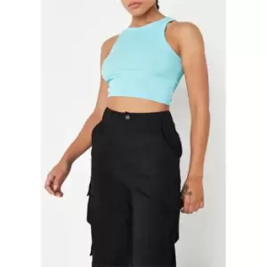 Image of Missguided Racer Neck Rib Crop Top - Blue